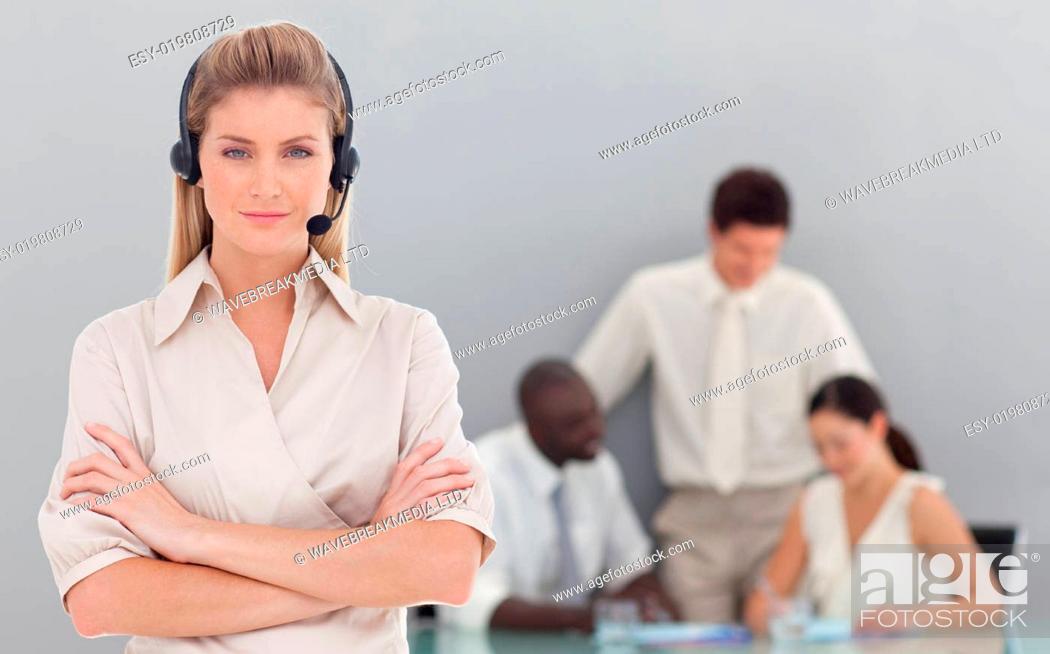 Stock Photo: Human, Young, Woman, Beautiful, Happy, Female, Business, Smile, Young Adult, Male, Technology, Work, Cheerful, Communication, Medicine, Professional, Joy, Office, Job, Profession, American, Occupation, Corporate, Center, Service, Telephone, Merry, Joyful, Laughing, Nice
