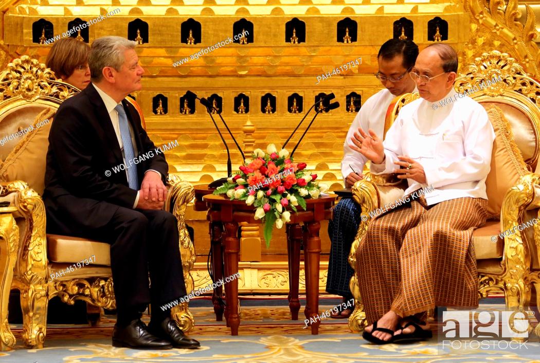 Stock Photo: German President Joachim Gauck is welcomed by Myanmar President Thein Sein (R) at the President's palace in Naypyidaw, Myanmar, 10 February 2014.