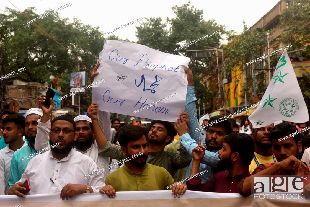 Stock Photo: June 9, 2022, Kolkata, India: Students of Madrasha Students’ Union hold placards while take part during a rally to demand arrest of Bharatiya Janata Party (BJP).