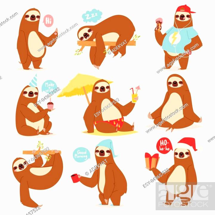 Laziness sloth animal character different pose like human cute lazy cartoon  kawaii and slow down..., Stock Vector, Vector And Low Budget Royalty Free  Image. Pic. ESY-043657532 | agefotostock