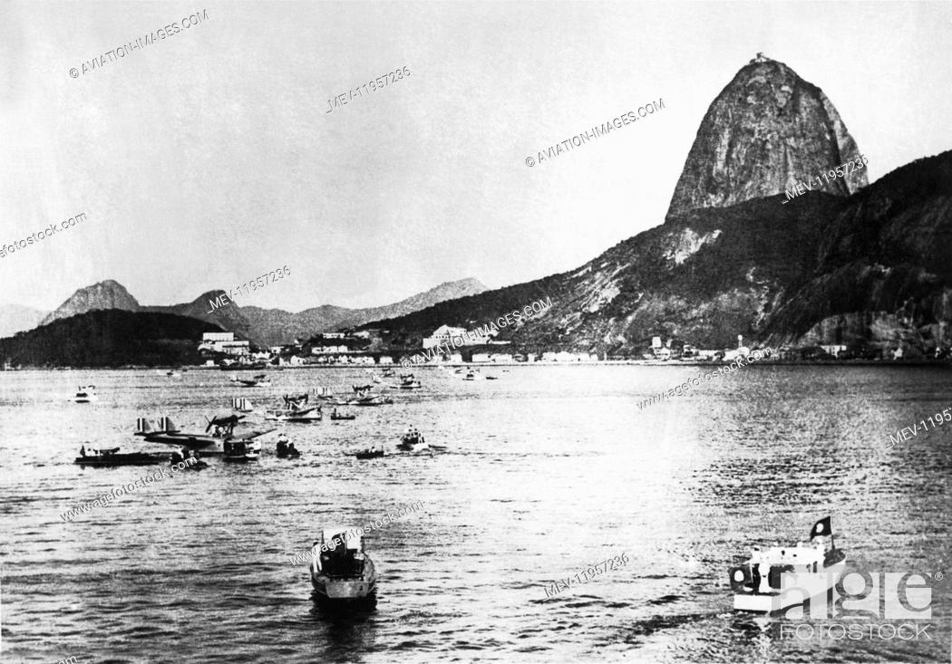 Stock Photo: Eleven Savoia Marchetti S-55 Flying Boats Arriving in Rio de Janeiro, Brazil after a Trans-Atlantic Flight from Orbetello, Italy under Command of General Balbo.