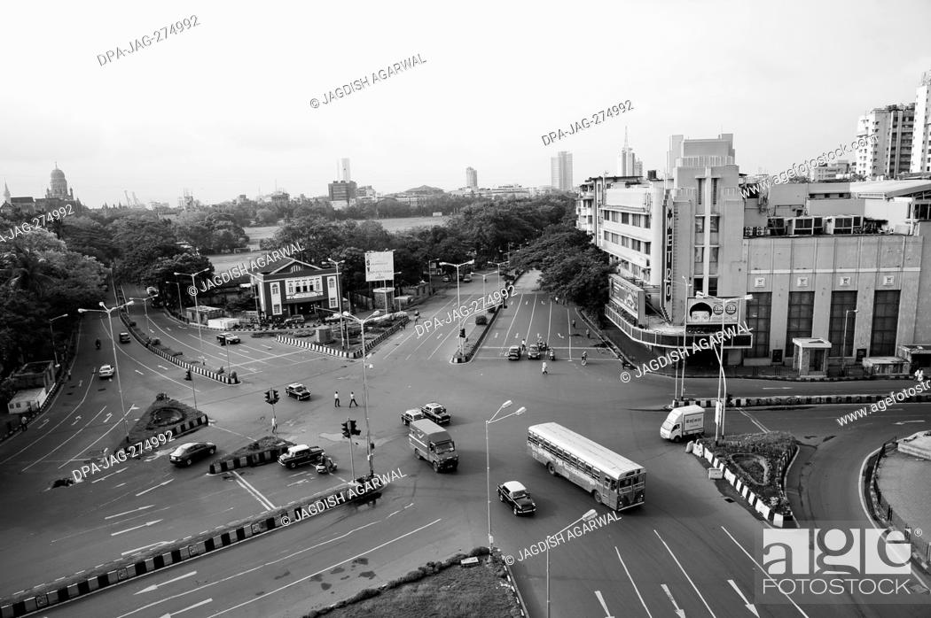 Stock Photo: Aerial view of intersection, Metro Cinema Building, Art Deco Movie Theatre, Dhobi Talao, Mumbai, Maharashtra, India, Asia.