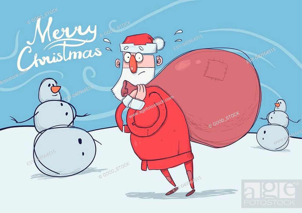 Christmas card of funny confused Santa Claus with big bag standing next to  snowmen in windy weather, Stock Vector, Vector And Low Budget Royalty Free  Image. Pic. ESY-040964515 | agefotostock