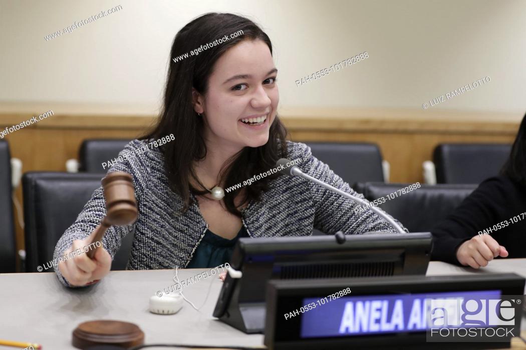 Stock Photo: United Nations, New York, USA, April 19 2018 - Anela Arifi, 20-year-old young inventor for sustainable energy and environment sustainability advocate from.