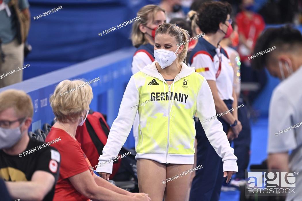 Stock Photo: Elisabeth SEITZ (GER), right, in conversation with coach Ulla KOCH Turnen, all around women, Artistic Gymnastics, Turnen Women`s All Around Final.
