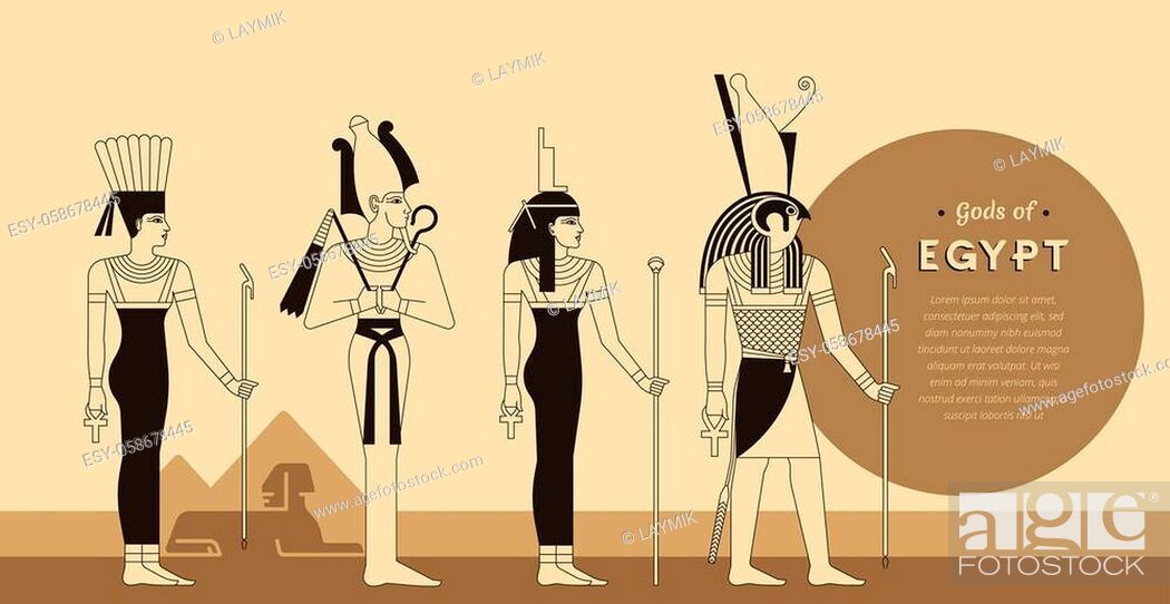 Stock Vector: A collection of vector illustrations by the ancient Egyptian gods and goddess Anuket, Osiris, Isis and Horus from the ankh with place for text and lettering.