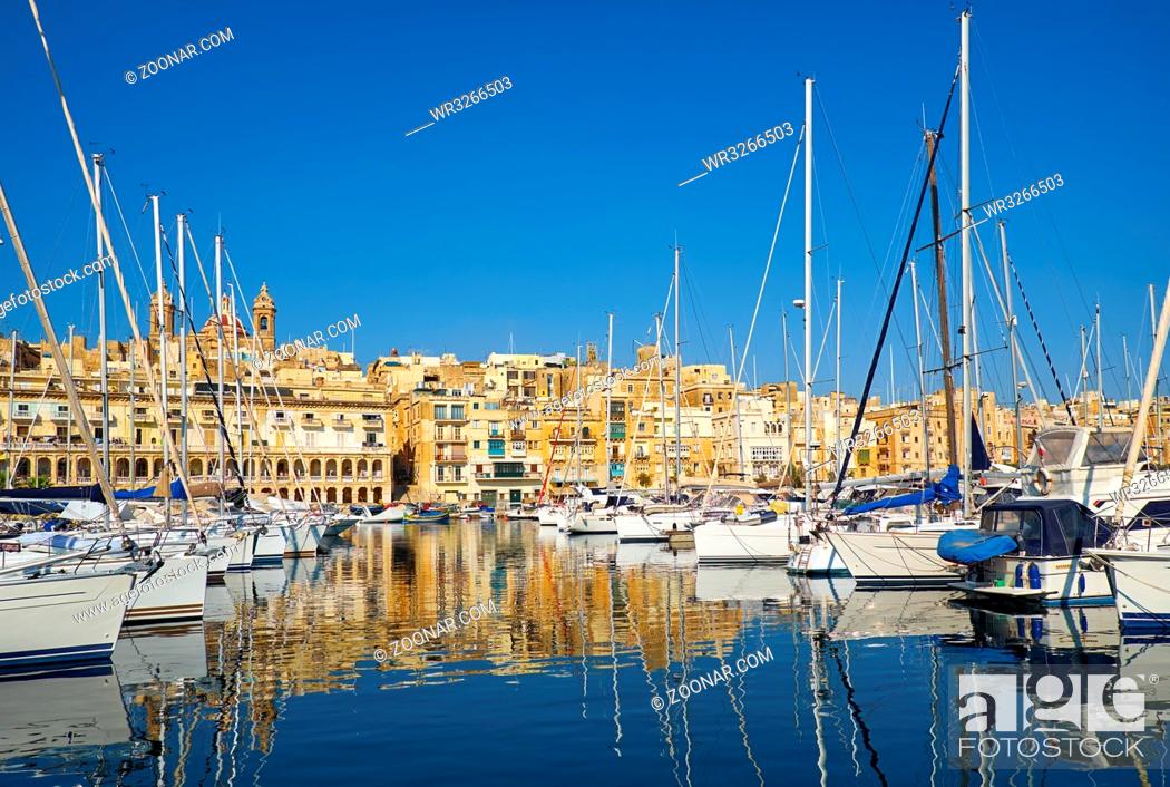 Stock Photo: View on yachts moored in Dahla tad-Dockyard bay between Senglea and Birgu, Malta.