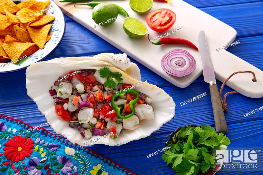 Stock Photo: Ceviche Mexican food style recipe with nachos and ingredients.