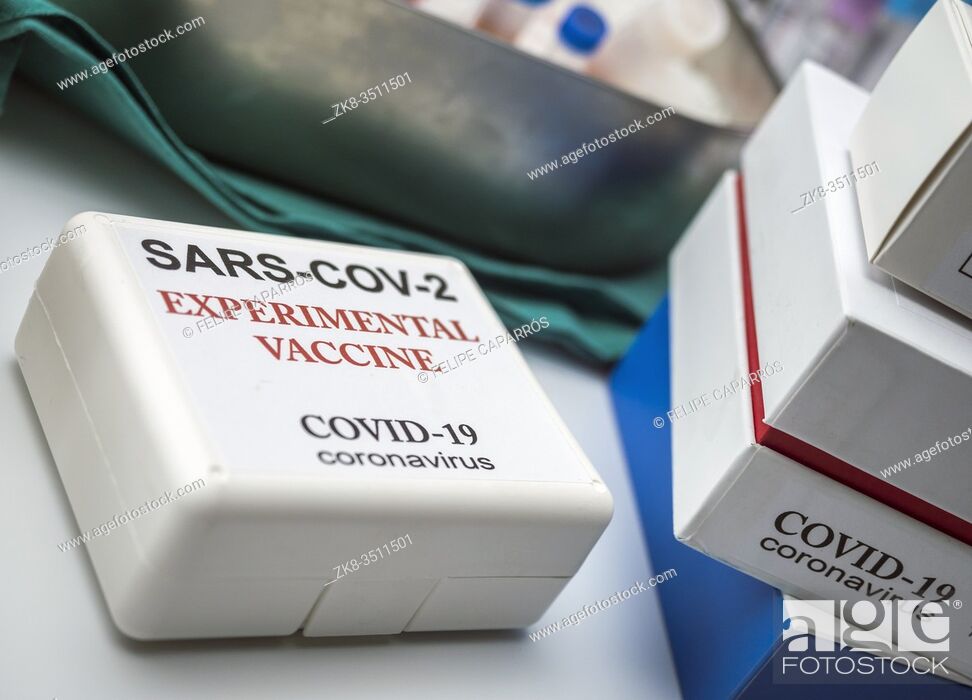 Stock Photo: Coronacirus covid-19 experimental vaccine in a laboratory, conceptual image.