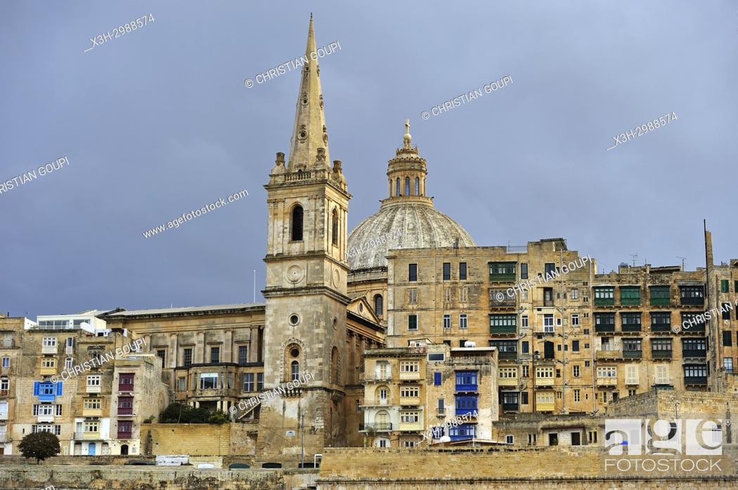 Stock Photo: St. Paul's Anglican Pro-Cathedral and Carmelite Church of Valetta viewed from Sliema, Malta, Mediterranean Sea, Southern Europe.