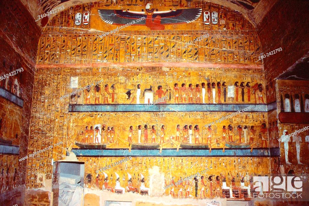 Stock Photo: Thèbes, West bank, King’s Valley, Seti I tomb (KV17). Burial chamber, west wall, winged Nephtys kneeling and Book of Am-Douat.