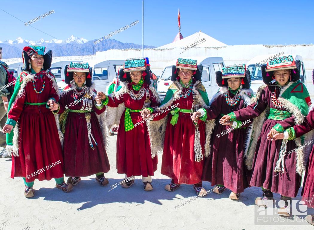 Stock Photo: Ladakhi people with traditional costumes participates in the Ladakh Festival in Leh India.
