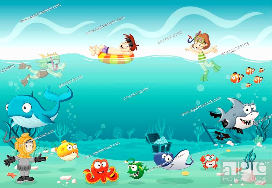 Stock Vector: Kids wearing Scuba diving suit and swimming with fish under the sea. Cartoon divers in underwater world with corals.