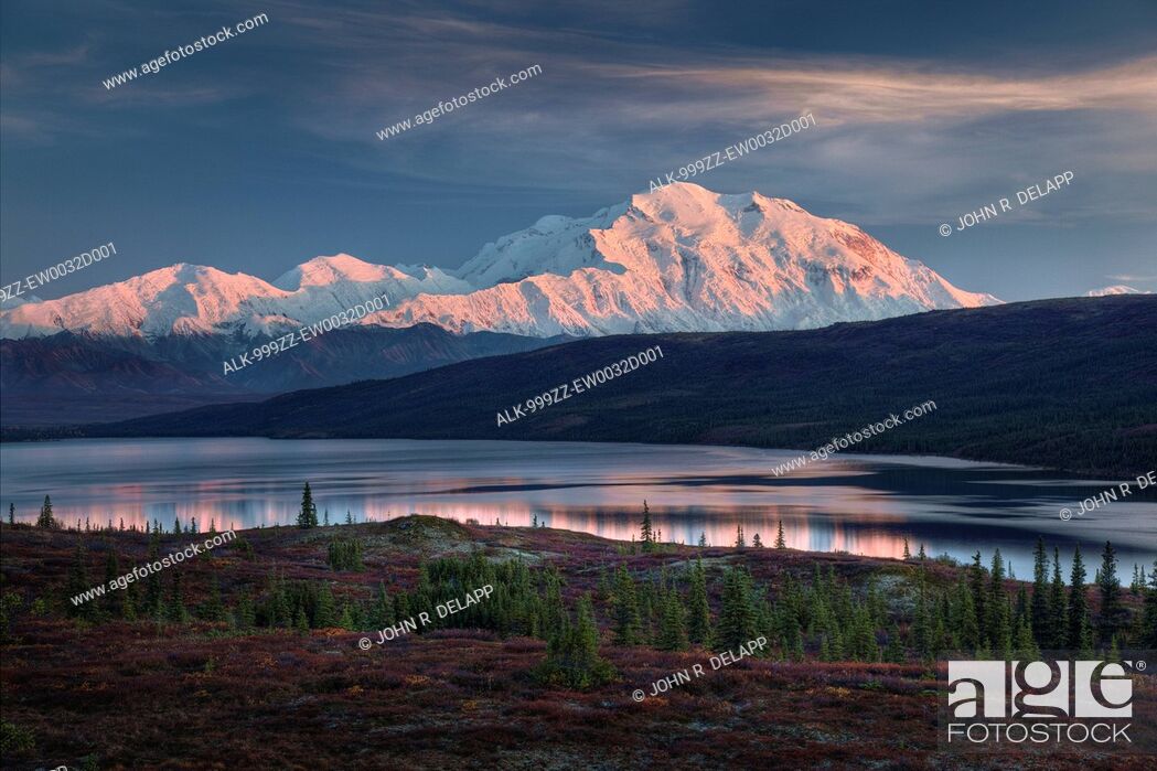 Stock Photo: Scenic landscape of Mt. McKinley and Wonder lake in the morning, Denali National Park, Interior Alaska, Autumn. HDR.