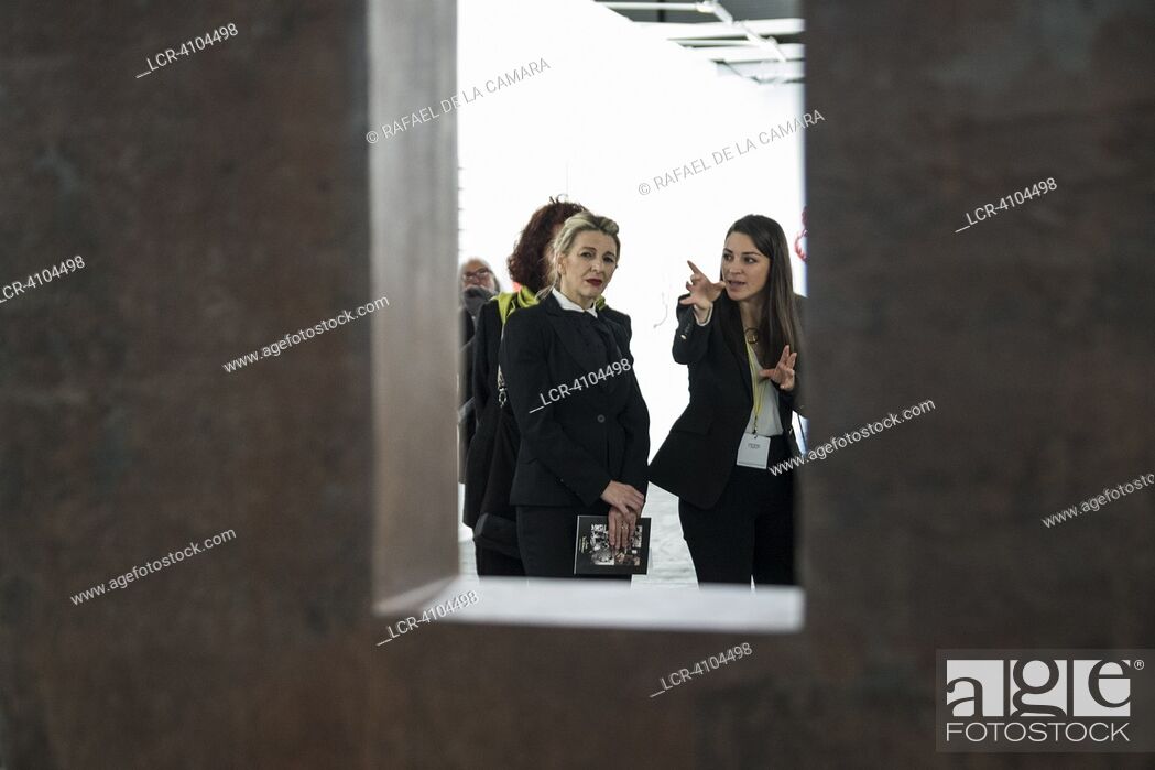 Stock Photo: YOLANDA DIAZ SECOND VICE PRESIDENT OF THE GOVERNMENT OF SPAIN WITH UNTITLED SCULPTURE IN CORTEN STEEL BY EDUARDO CHILLIDA (1924-2002) IS THE MOST EXPENSIVE WORK.