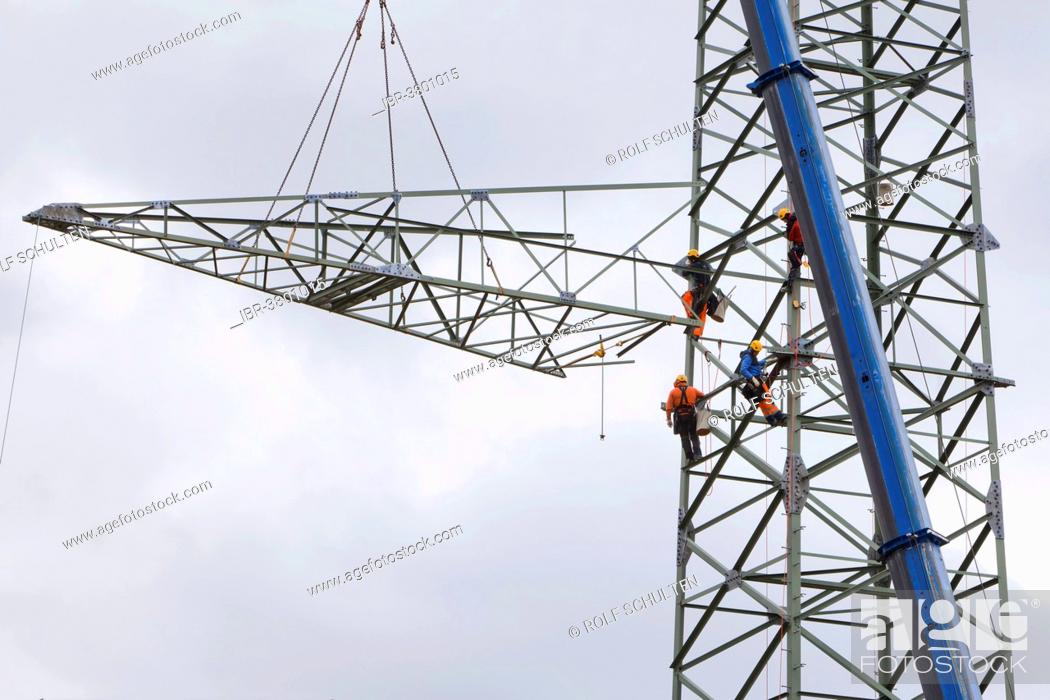 Stock Photo: Construction of a high-voltage mast of the South-West Interconnector, a 380 kV high-voltage line between Saxony-Anhalt and Bavaria.