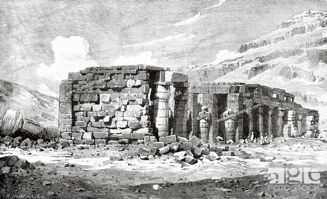 Stock Photo: Ramesseum ruins at Thebes, Luxor West bank, Egypt in XIX century. Africa. Old 19th century engraved illustration, El Mundo Ilustrado 1881.