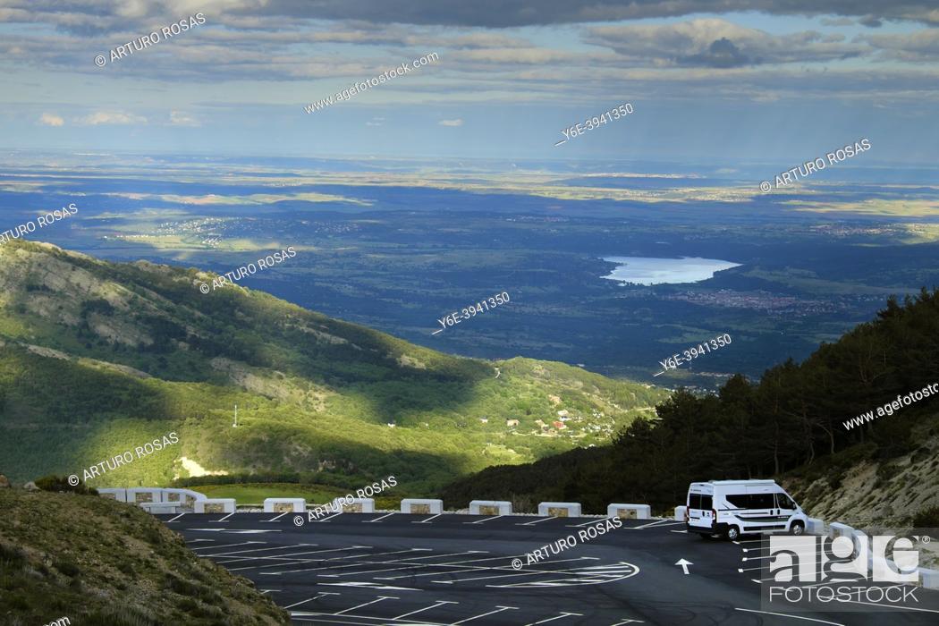 Stock Photo: Camper parked on La Morcuera mountain pass, Community of Madrid.