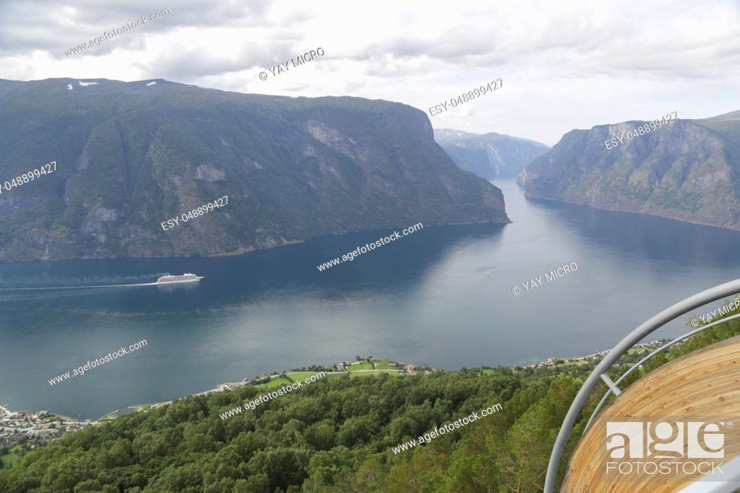 Stock Photo: The Aurlandsfjord seen from the Stegastein Viewpoint in Norway.