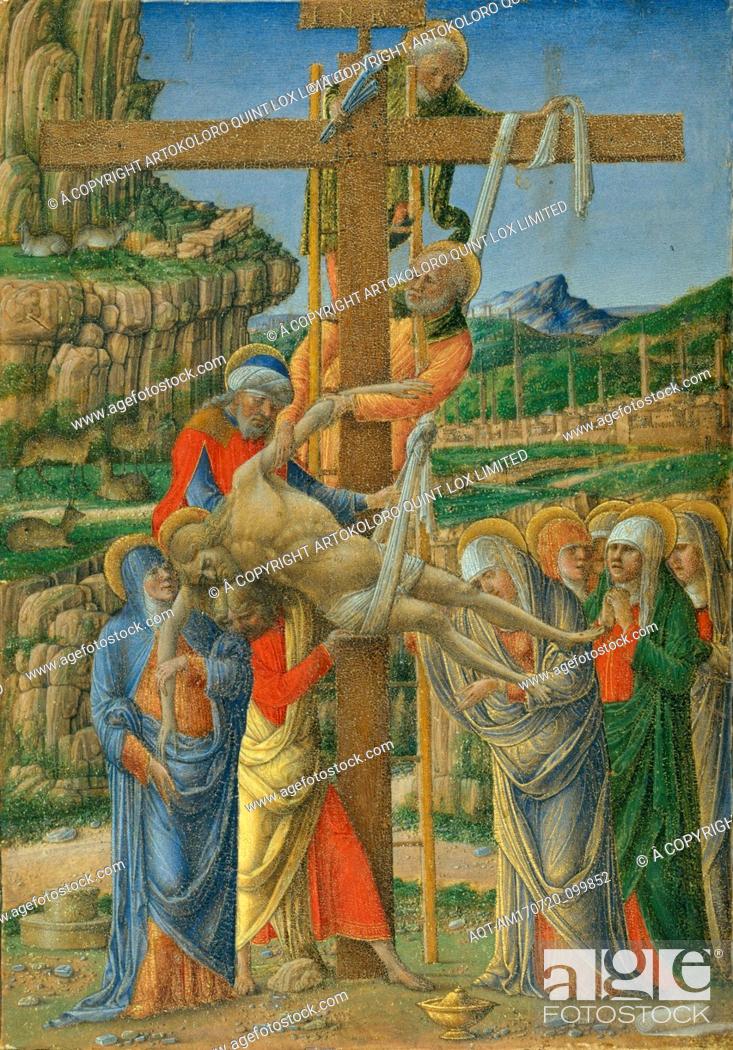 Stock Photo: Descent from the Cross, Tempera on parchment, laid down on wood, 6 1/4 x 4 1/2 in. (15.9 x 11.4 cm), Manuscripts and Illuminations, Girolamo da Cremona (Italian.