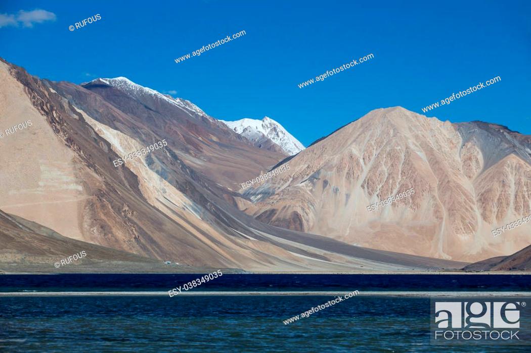 Stock Photo: Pangong Lake, is an endorheic lake in the Himalayas situated at a height of about 4, 350 m (14, 270 ft).