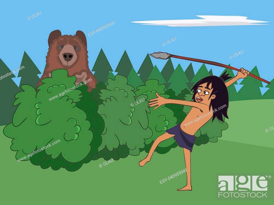 cartoon caveman hunts the bear with stone spear, funny vector cartoon  illustration of prehistory..., Stock Vector, Vector And Low Budget Royalty  Free Image. Pic. ESY-040955941 | agefotostock