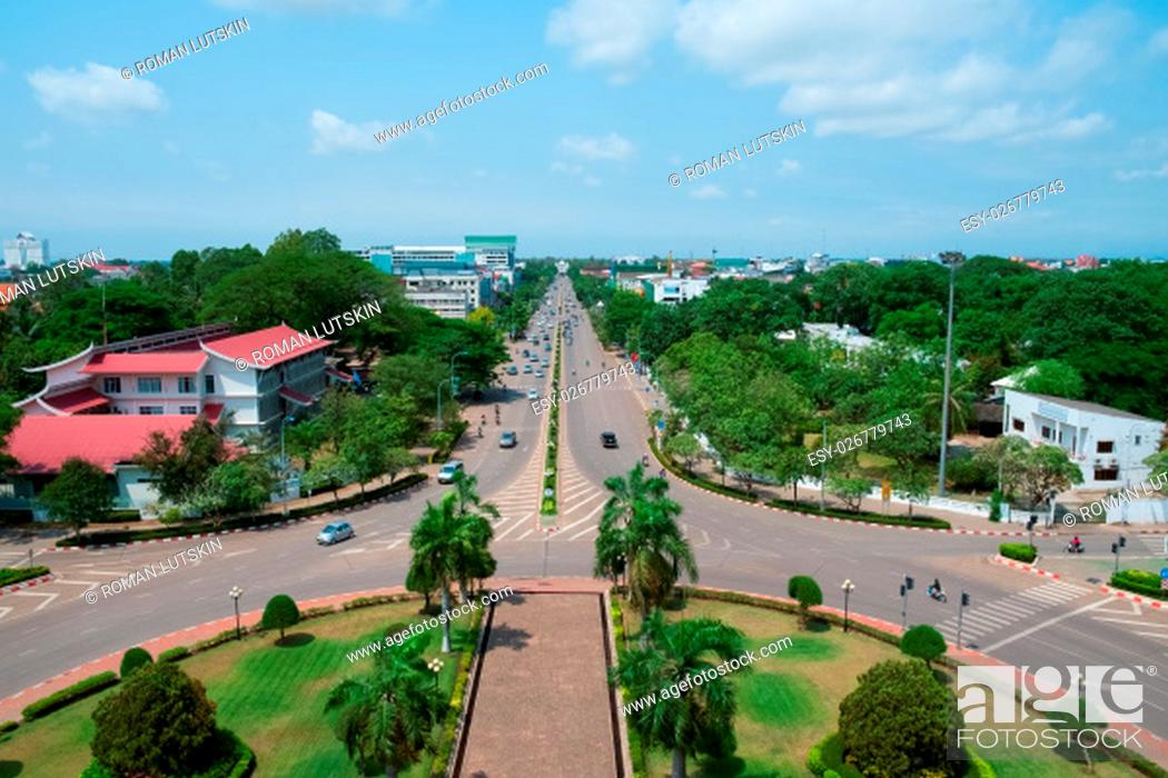 Stock Photo: Aerial view of Vientiane from Patuxai Monument, Laos, Southeast Asia.