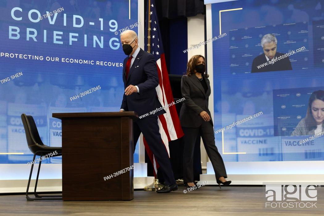 Stock Photo: United States President Joe Biden and US Vice President Kamala Harris arrive to a meeting with members of the White House Covid-19 Response Team at the.
