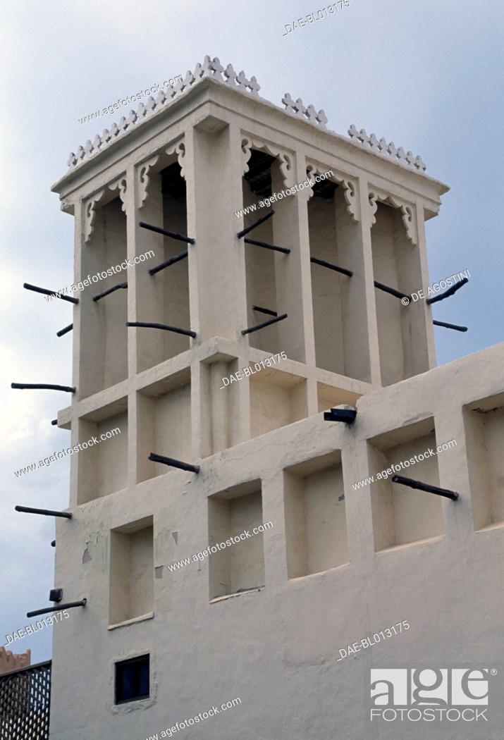 Stock Photo: Al Qasimi Fort wind tower in Ras al-Khaimah City, now the National Museum of Ras al-Khaimah, United Arab Emirates.
