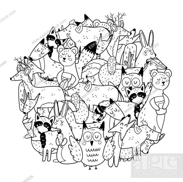Circle shape coloring page with woodland animals. Black and white print for  coloring book with cute..., Stock Vector, Vector And Low Budget Royalty  Free Image. Pic. ESY-058443226 | agefotostock