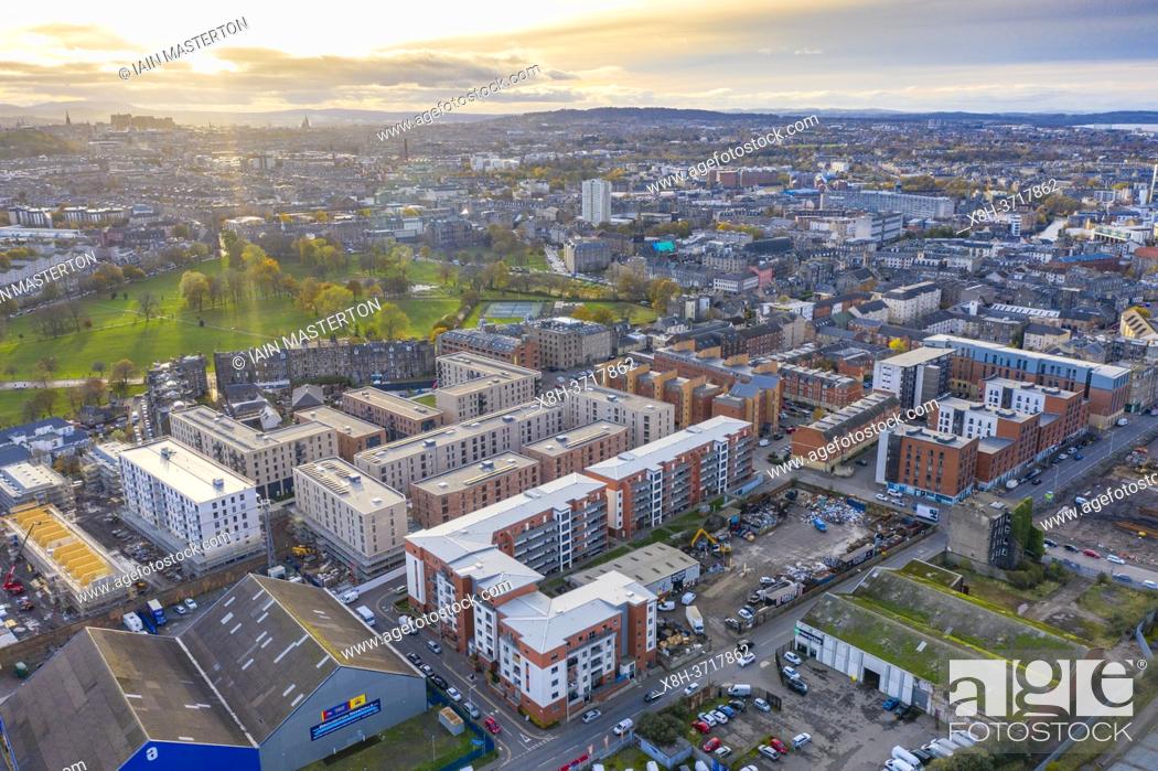 Stock Photo: Aerial view of new apartment buildings and skyline of Edinburgh in Leith, Midlothian, Scotland, UK.