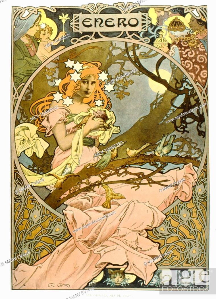 Stock Photo: Allegory of January (Enero), showing a female figure in a pale pink dress, sitting in a tree with stars around her head and the moon in the night sky.