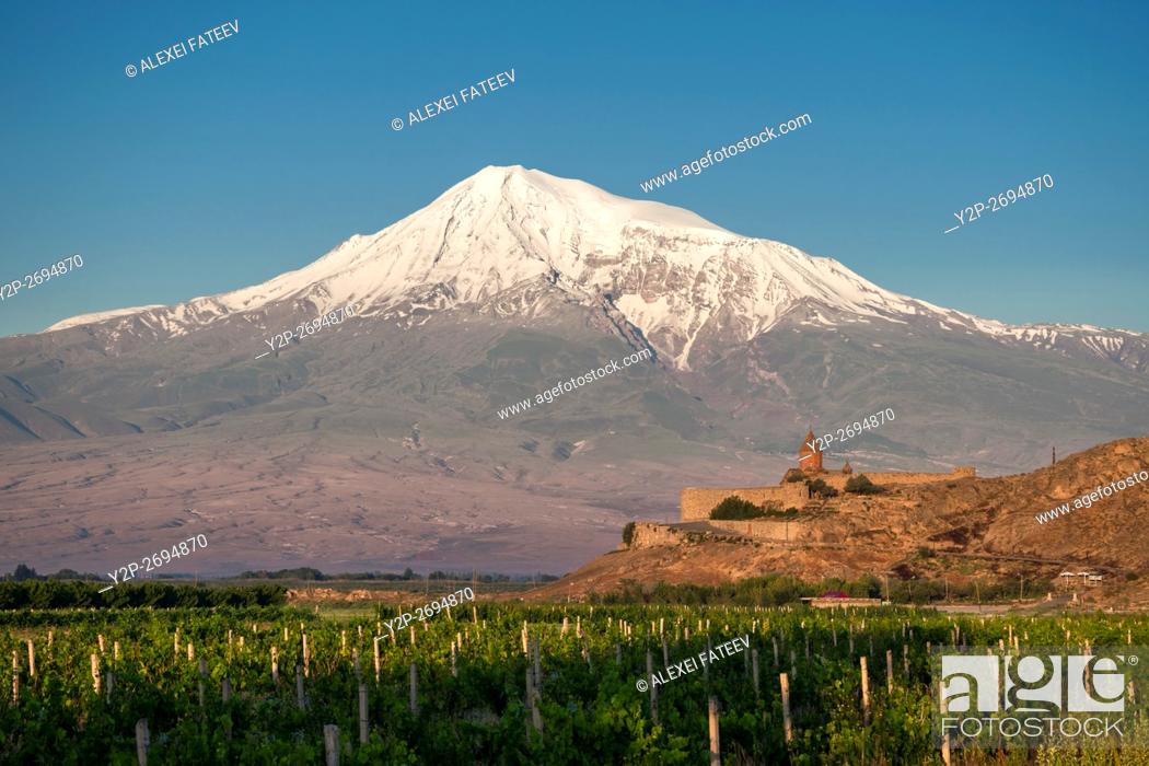 Stock Photo: Khor Virap monastery in front of Ararat muntain. Armenia.