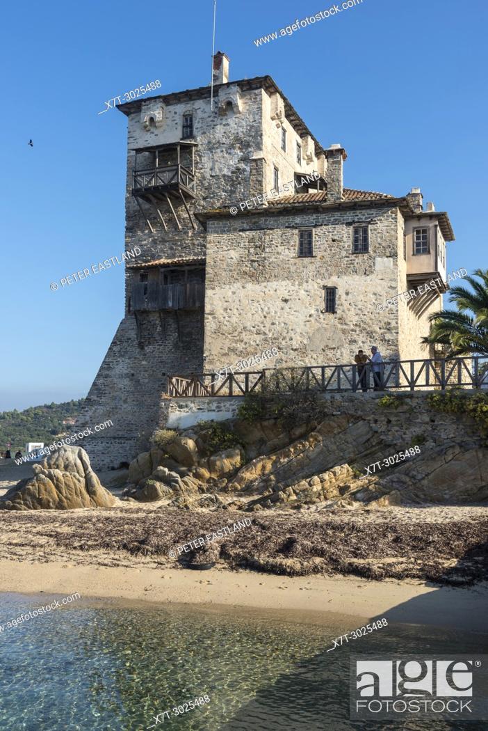 Stock Photo: The Prosphorios tower, on the beach at Ouranoupoli, (at the top of the Athos Peninsula) Chalkidiki, Macedonia, Northern Greece.