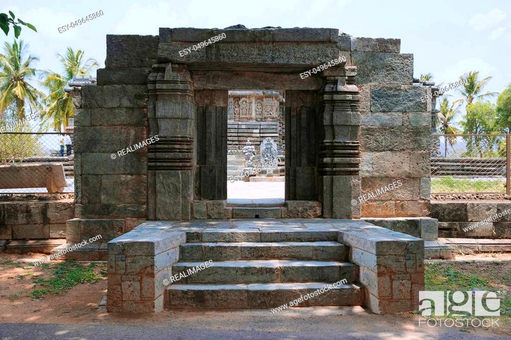 Stock Photo: North entrance to the Kedareshwara Temple, Halebid, Karnataka, India. View from the North.