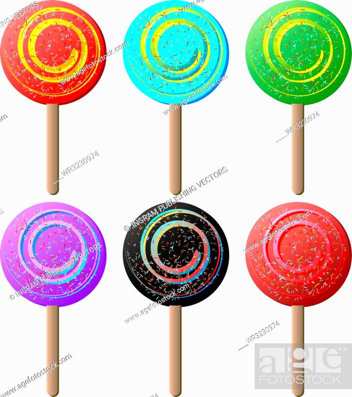 Illustration of six color variations of lollipop with sugar candy strips,  Stock Vector, Vector And Royalty Free Image. Pic. WR3230974 | agefotostock
