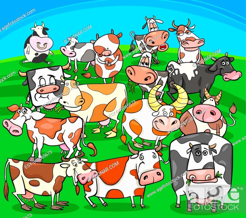 Stock Photo: Cartoon Illustration of Cows Farm Animal Characters Group.