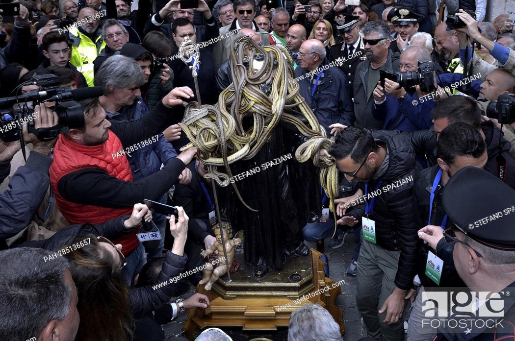 Stock Photo: After two years of interruption due to the pandemic, the procession of snakes in Cocullo takes place on 1 May 2022.The Statue of Saint Domenico inside the.