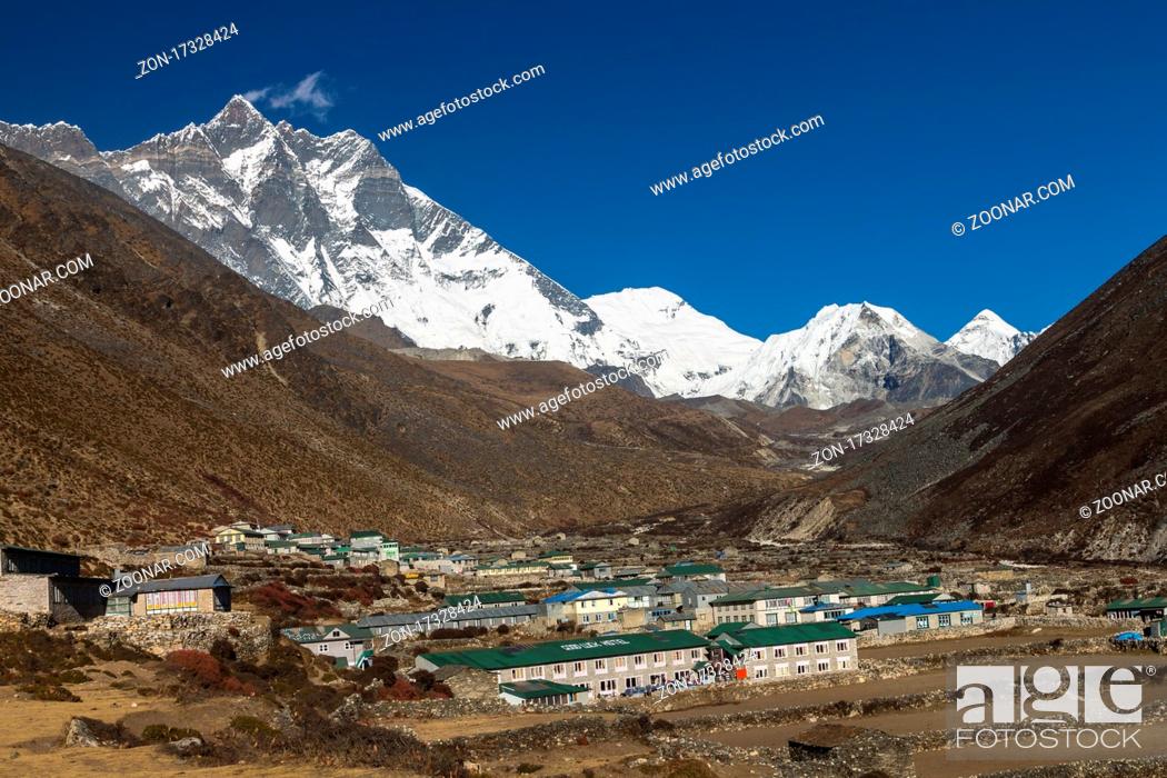 Stock Photo: Dingboche in the Imja Khola Valley of the Everest Region. The settlement, where many trekkers stop for a night on their way to the Everest Base Camp.