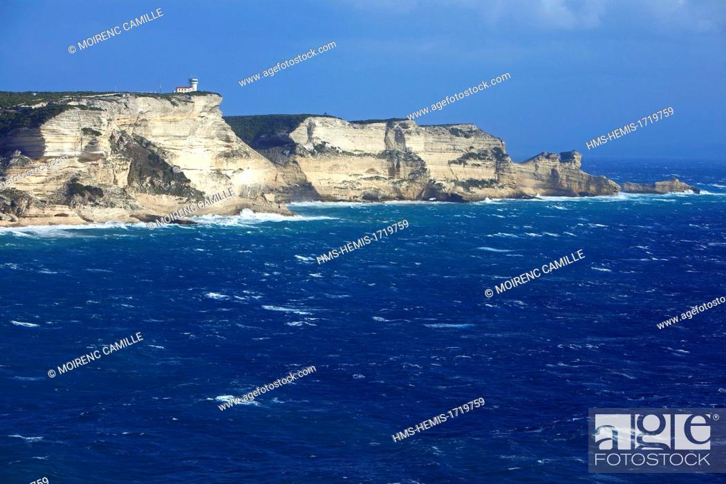 Stock Photo: France, Corse du Sud, Bonifacio, limestone cliffs and Cape Town and semaphore Pertusato.