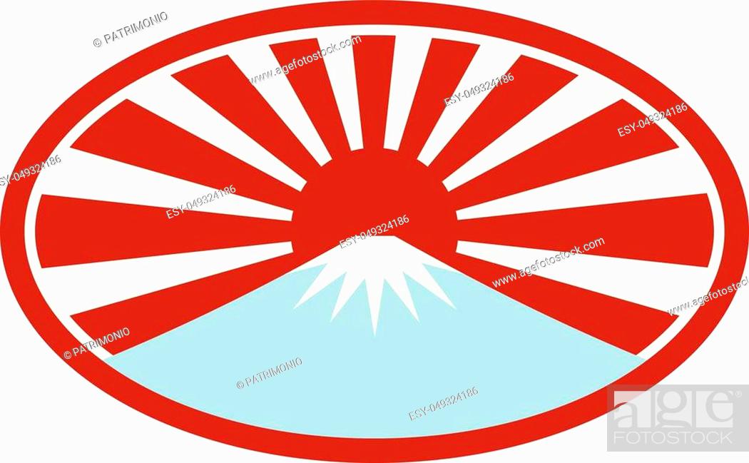 Stock Vector: Icon retro style illustration of a snow capped mountain that looks like Mount Fuji with Japanese rising sun in back set inside oval shape on isolated background.