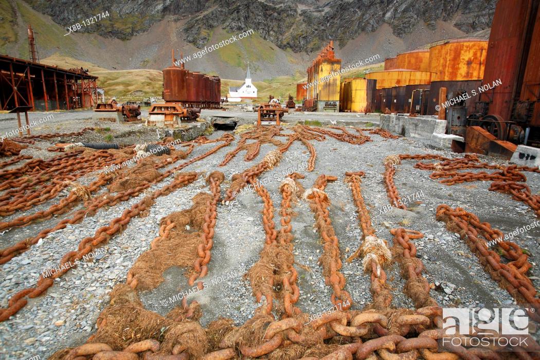 Stock Photo: Abandoned machinery at the Grytviken whaling station established by the Norwegian whaler C A  Larsen in 1904  The station operated until December 4th.