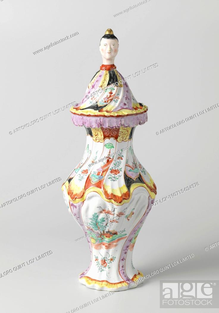 Stock Photo: Three vases, part of a garniture Covered vase, painted with pagodas, Chinese landscapes and bouquets, Covered vase, multicolored with pagodas.