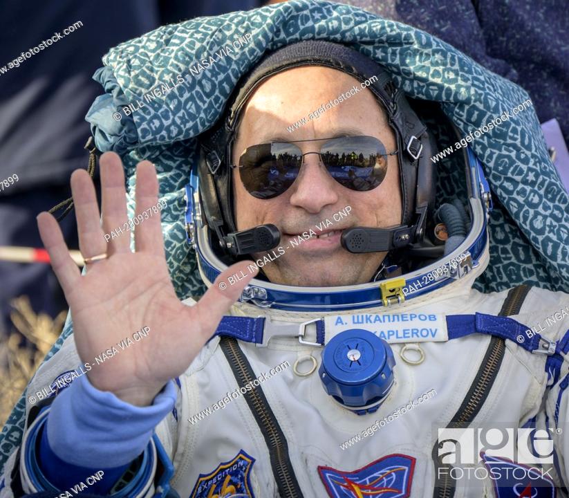 Stock Photo: Russian cosmonaut Anton Shkaplerov is seen outside the Soyuz MS-19 spacecraft after he landed with fellow Expedition 66 crew members Russian cosmonaut Pyotr.