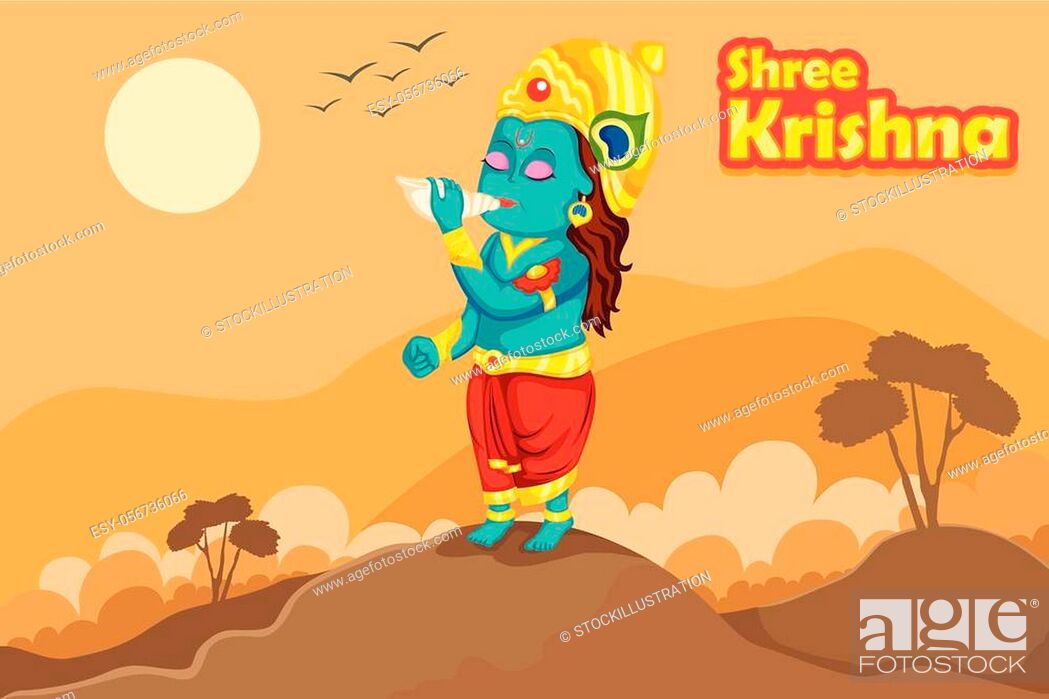 Kanha blowing sankh (conch) on Krishna Janmashtami background in vector,  Stock Vector, Vector And Low Budget Royalty Free Image. Pic. ESY-056736066  | agefotostock