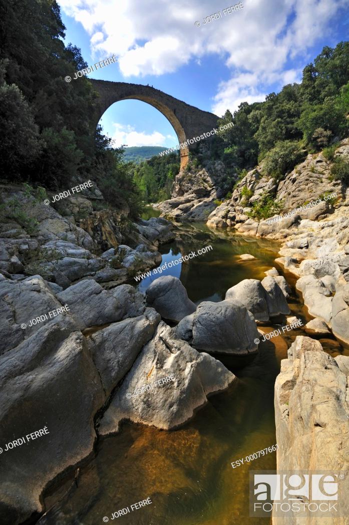 Stock Photo: Romanesque bridge named Pont del LLierca at Tortellà, Garrotxa, Catalonia, Spain, Europe.