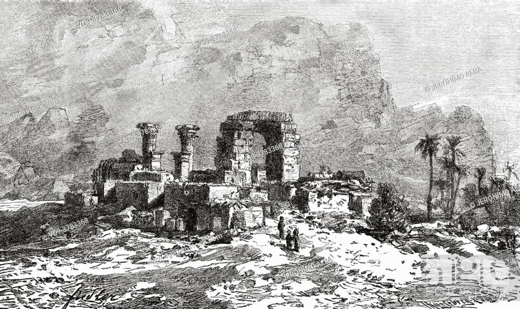 Stock Photo: Ruins on Bigeh island, Egypt in XIX century. Africa. Old 19th century engraved illustration, El Mundo Ilustrado 1881.