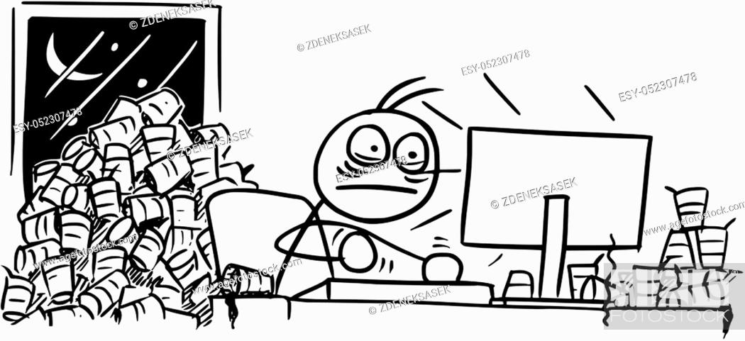 Cartoon vector doodle stickman tired and coffee dosed man is working  overnight on computer with many..., Stock Vector, Vector And Low Budget  Royalty Free Image. Pic. ESY-052307478 | agefotostock