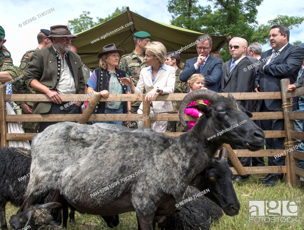 Stock Photo: German Defence Minister Ursula von der Leyen (CDU, C) speaks to shepherds who cultivate land close to the military training area at the field marshal Rommel.