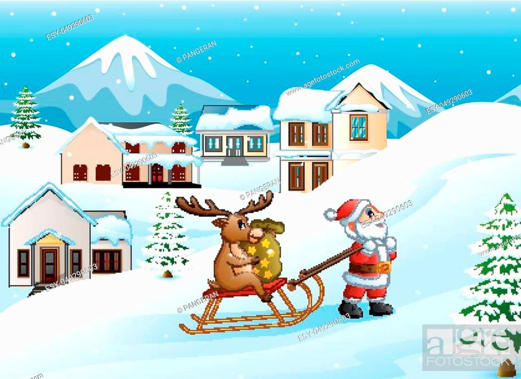 Vector illustration of Cartoon funny Santa Claus pulling reindeer on a  sleigh with sack of gifts, Stock Vector, Vector And Low Budget Royalty Free  Image. Pic. ESY-049290603 | agefotostock